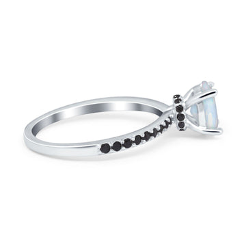 Accent Art Deco Wedding Ring Black Lab Created White Opal 925 Sterling Silver